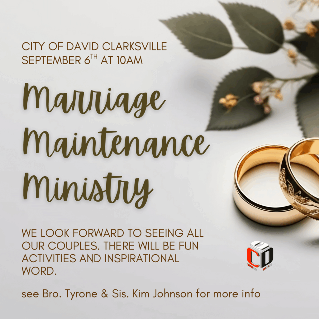 Marriage Maintenance Ministry is having a quarterly fellowship on Saturday, Sept. 6th starting at 10AM